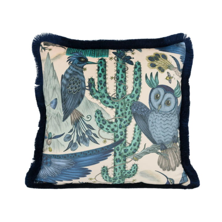 Blue Maximalist Desert Owl Flora and Fauna Designer Cushion Cover - Luxury Blue Fringe Desert Creatures Throw Pillow - Linen Cactus Scatter.