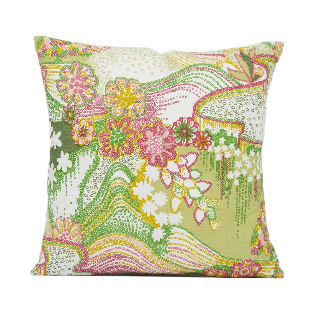 Clements Ribeiro x Schumacher - Daisy Chain - Green and Pink - 1970's Style Trippy Psychedelic Rolling Hills Designer Cushion Cover - Luxury