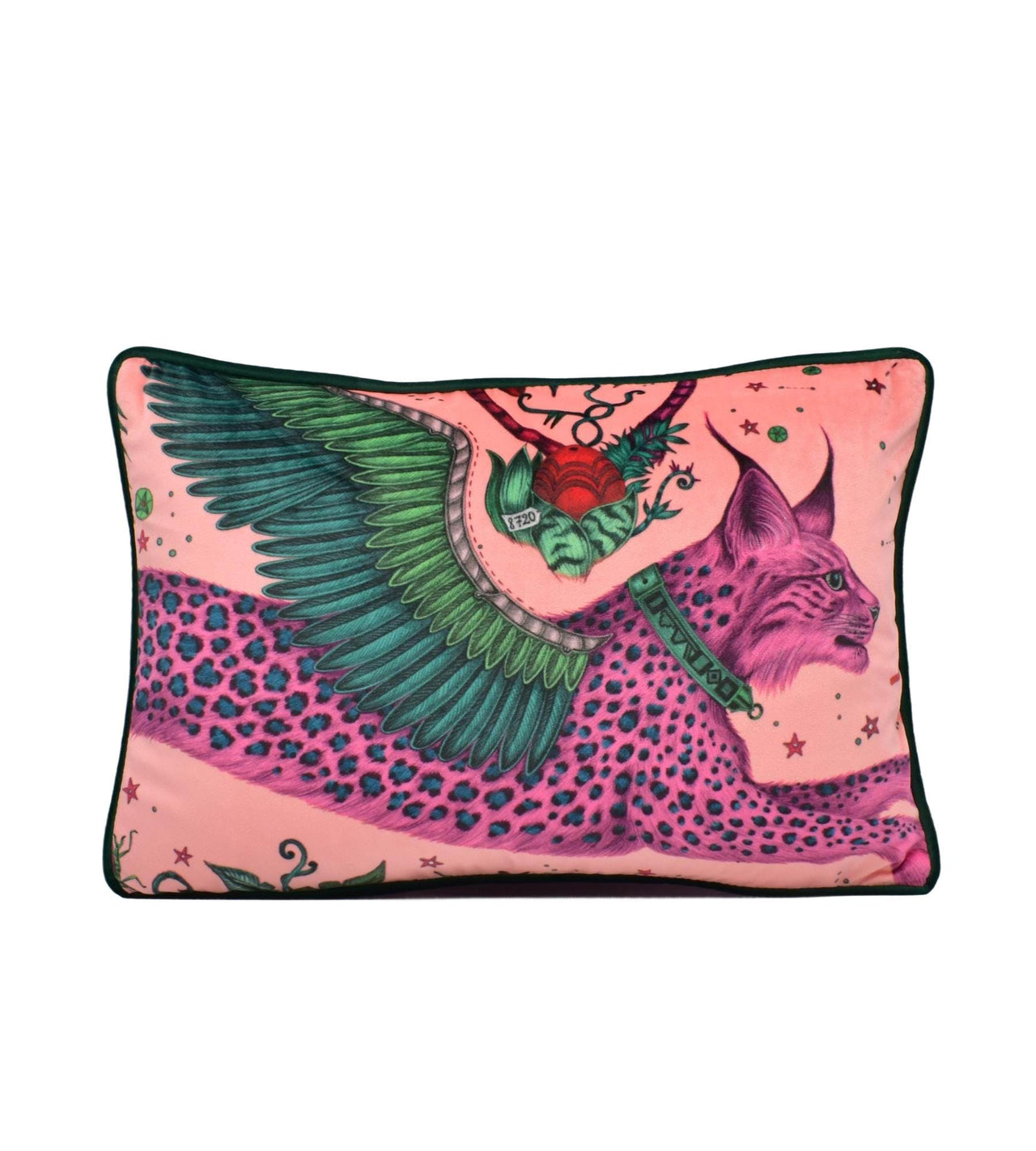 a pink and green pillow with a bird on it