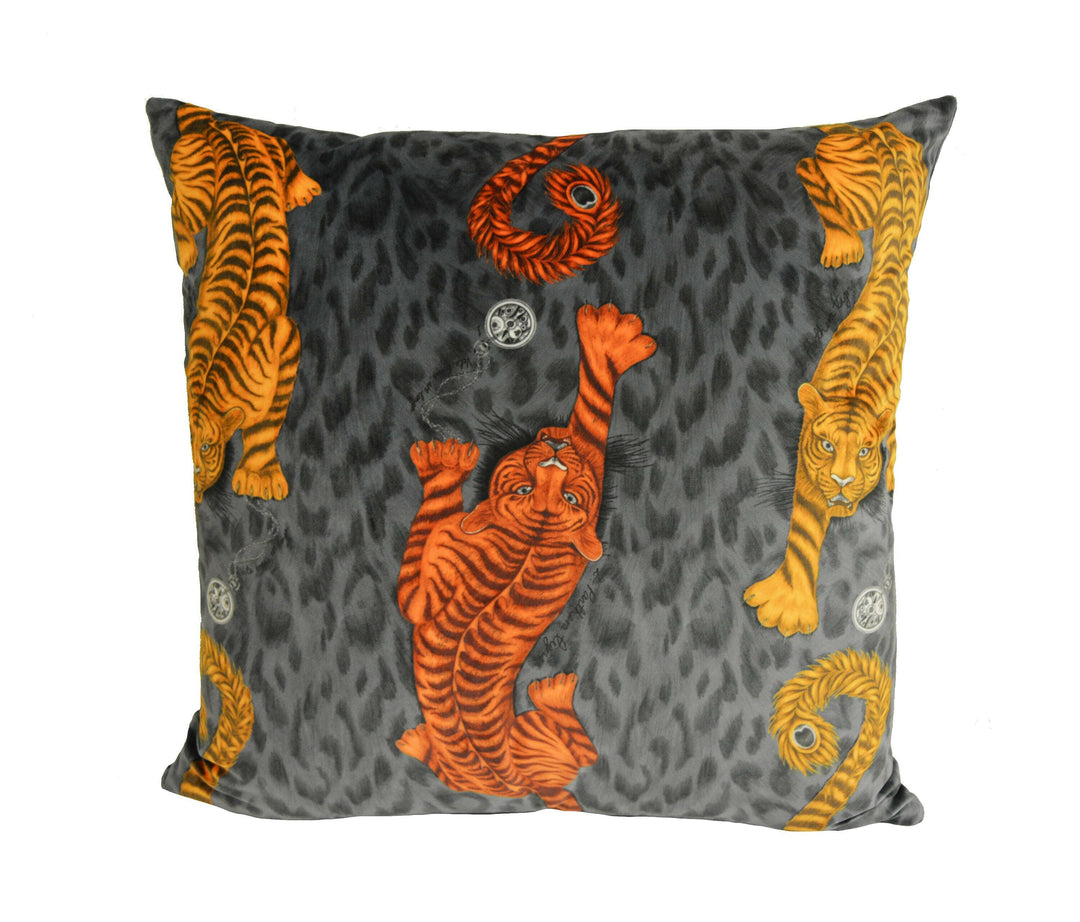 Orange & Grey Velvet Maximalist Tiger Designer Cushion Cover - Bold Flora and Fauna Luxury Throw Pillow - Handmade Home Decor - Funky.