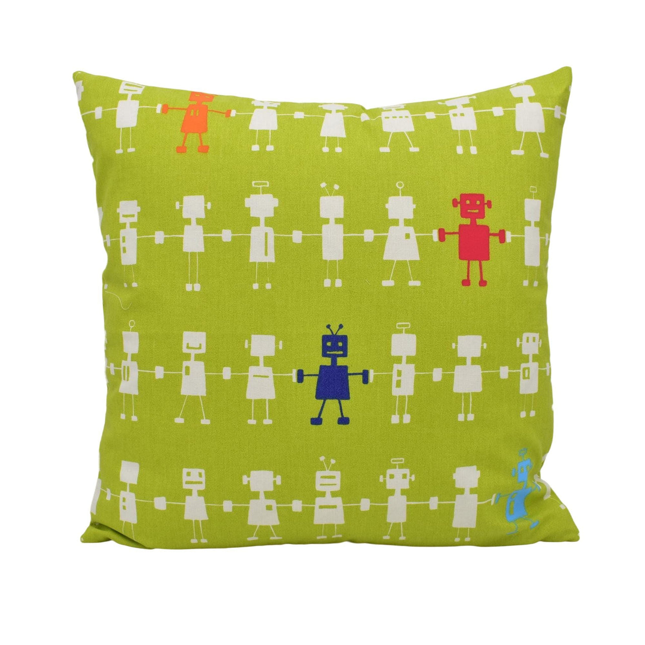 a green pillow with robots on it