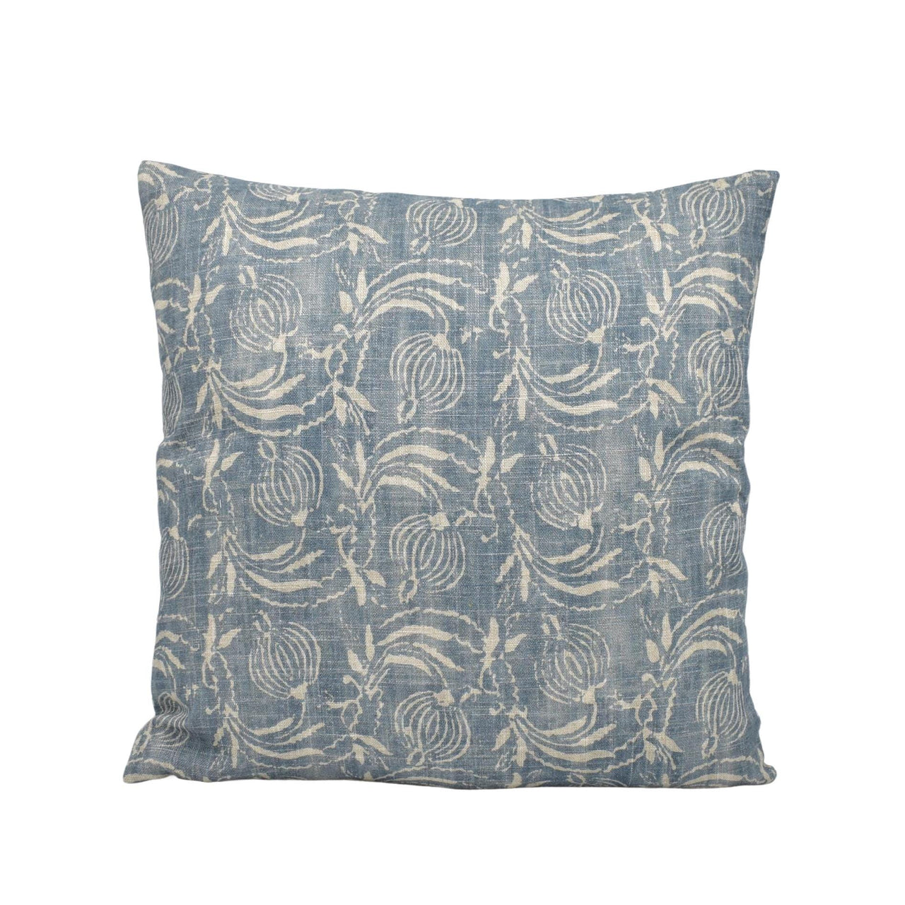 a blue and white pillow on a white background