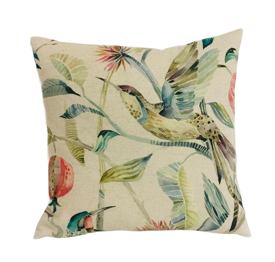 Voyage - Colyford  - Pomegranate - Lively Stained Glass Watercolour Bird Cushion Cover - Handmade Throw Pillow Designer Home Decor.