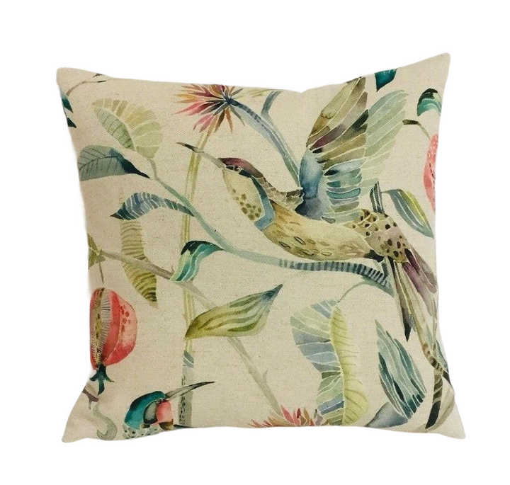 Voyage - Colyford  - Pomegranate - Lively Stained Glass Watercolour Bird Cushion Cover - Handmade Throw Pillow Designer Home Decor.