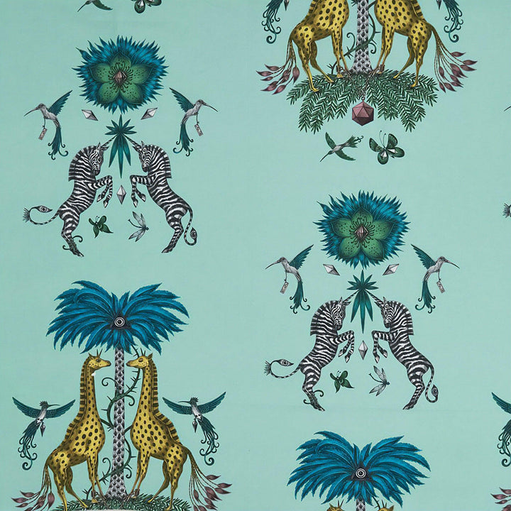 Turquoise Blue Funky Maximalist Fantasy Giraffes and Zebras  - Bold Flora and Fauna Designer Cushion Cover - Luxury Throw Pillow - Handmade.
