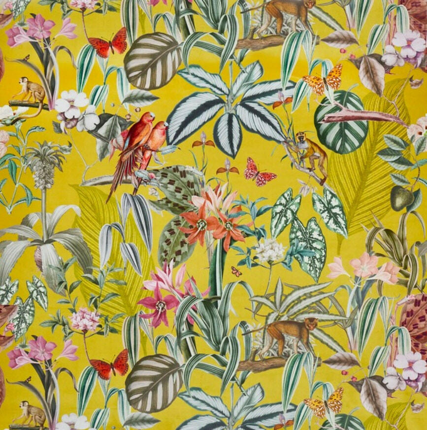 Prestigious - Barbados - Citron - Maximalist Tropical Landscape Velvet Cushion Cover - Handmade Throw Pillow Designer Home Decor.