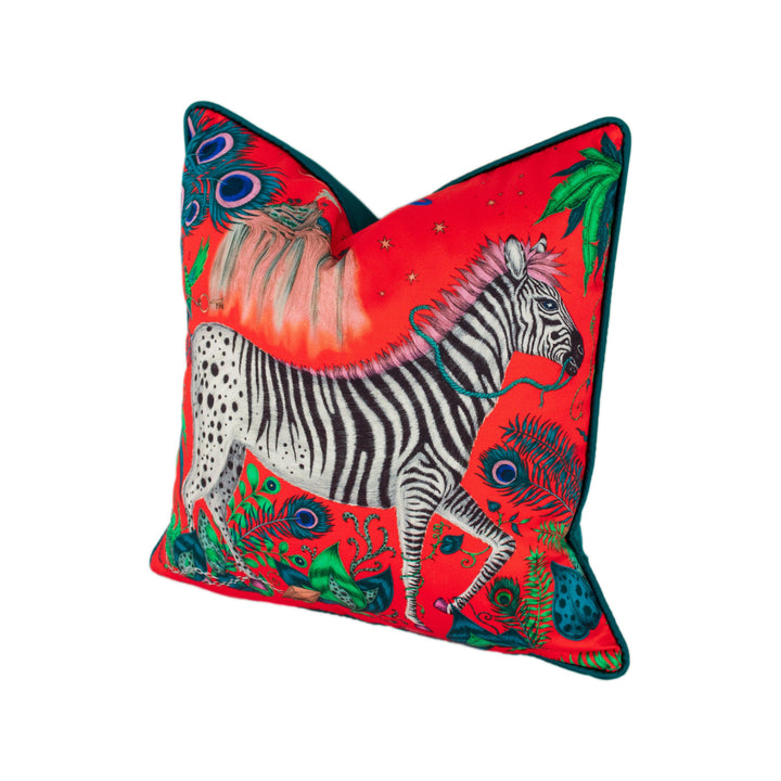 Funky Bold Red Maximalist Fantasy & Mythical Animal Contrast Piped Designer Cushion Cover - Luxury Throw Pillow - Handmade Home Lost World.