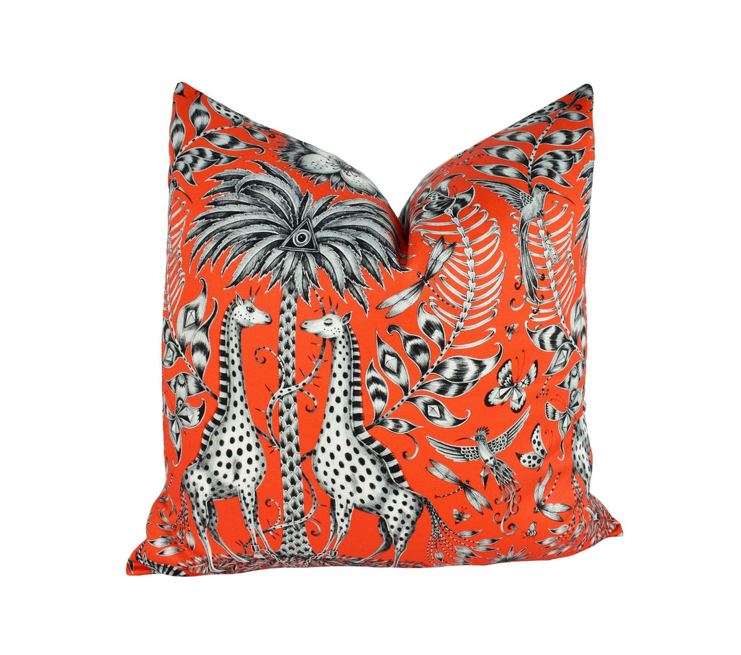 Orange Funky Maximalist Fantasy Giraffes and Zebras  - Bold Flora and Fauna Designer Cushion Cover - Luxury Throw Pillow - Handmade Home.