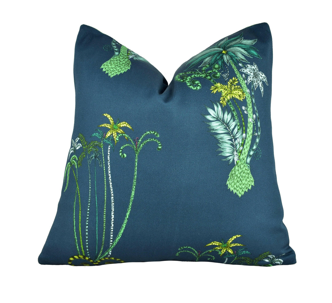 Blue & Green Tropical Jungle Maximalist Designer Cushion Cover - Bold and Funky Flora and Fauna - Luxury Throw Pillow Handmade Home Decor.