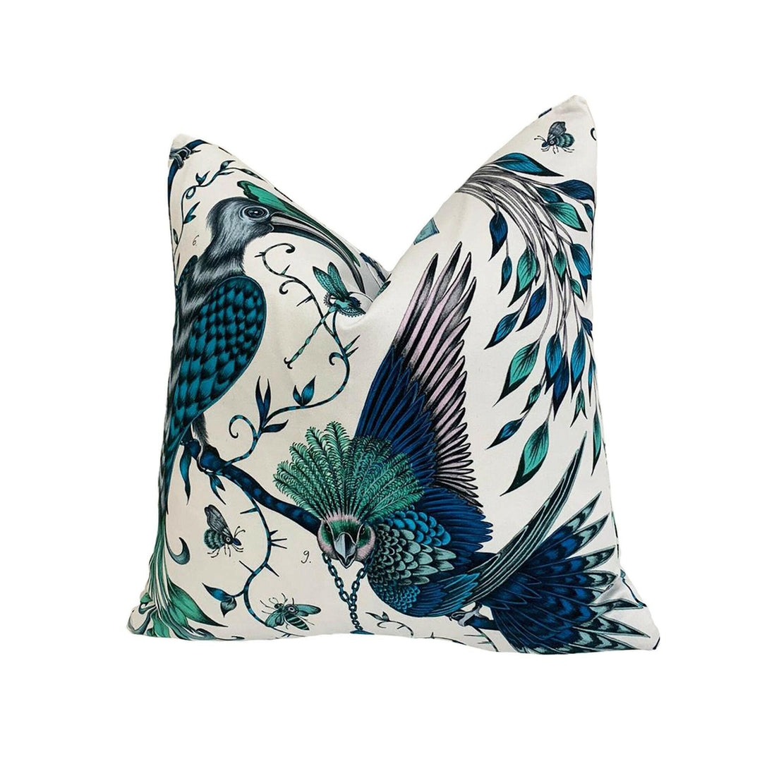 Teal Blue & White Maximalist Fantasy Tropical Birds - Bold Flora and Fauna Designer Cushion Cover - Luxury Throw Pillow - Handmade Home.