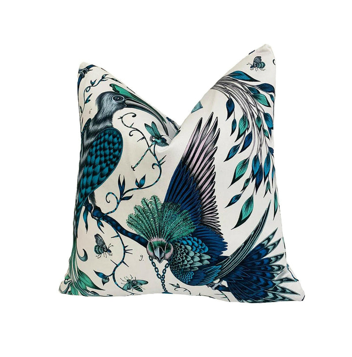 Teal Blue & White Maximalist Fantasy Tropical Birds - Bold Flora and Fauna Designer Cushion Cover - Luxury Throw Pillow - Handmade Home.