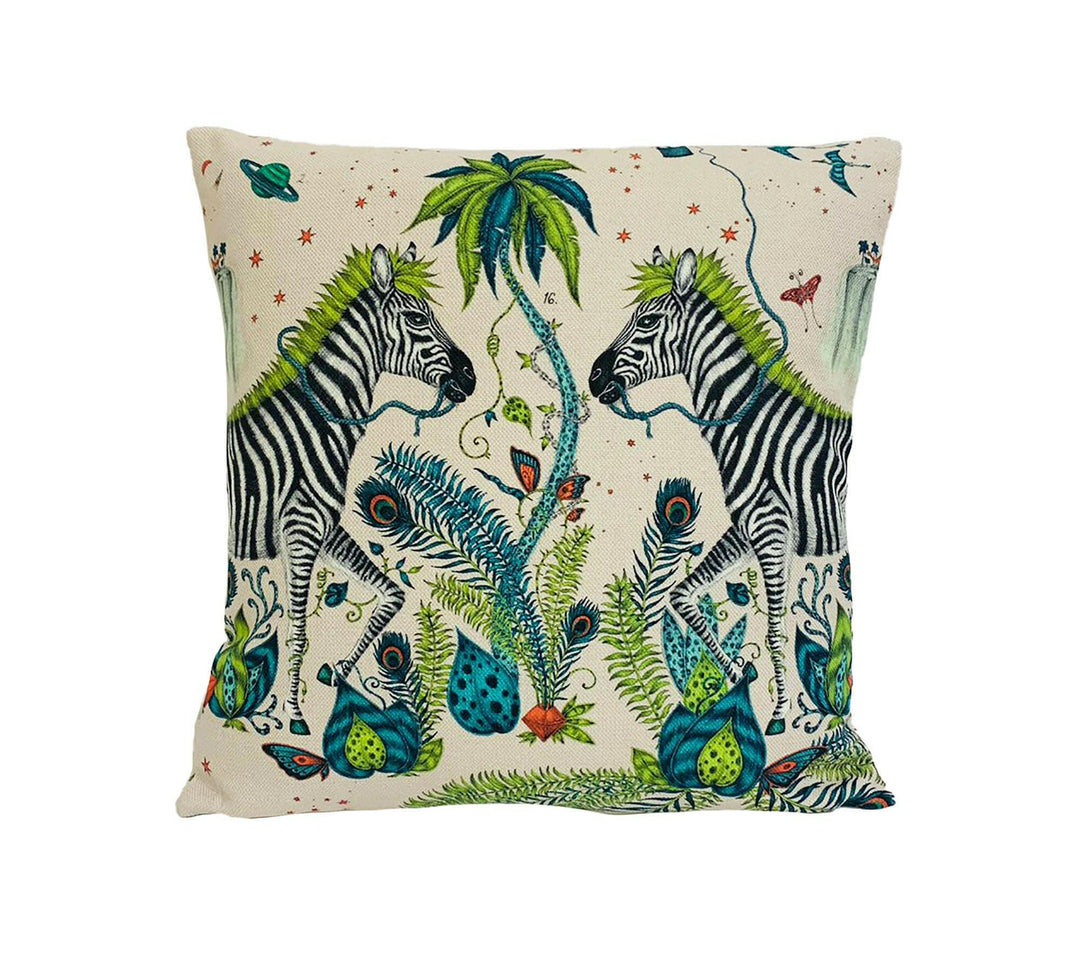 Green Jungle Maximalist Zebra Designer Cushion Cover - Bold and Funky Linen Flora and Fauna - Luxury Throw Pillow Handmade Home Decor.