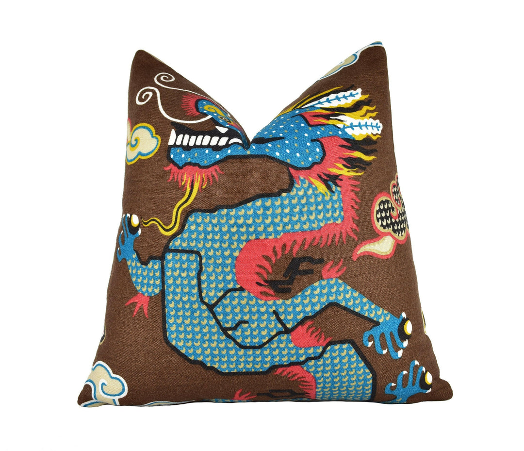 Schumacher - Magical Ming Dragon - Brown - Fantastical Tibetan Inspired Designer Cushion Cover - Handmade Throw Pillow - Luxury Home Decor.