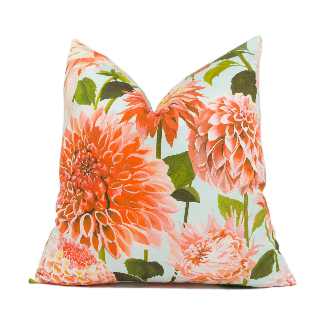 Harlequin - Dahlia - Coral / Fig Leaf / Sky - Stunning Hand Painted Cushion Cover - Handmade Throw Pillow - Designer Home Décor.