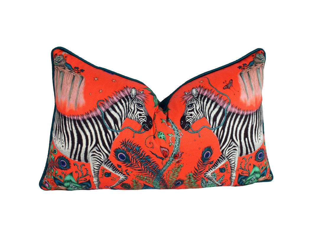 Funky Bold Red Maximalist Fantasy & Mythical Animal Contrast Piped Designer Cushion Cover - Luxury Throw Pillow - Handmade Home Lost World.