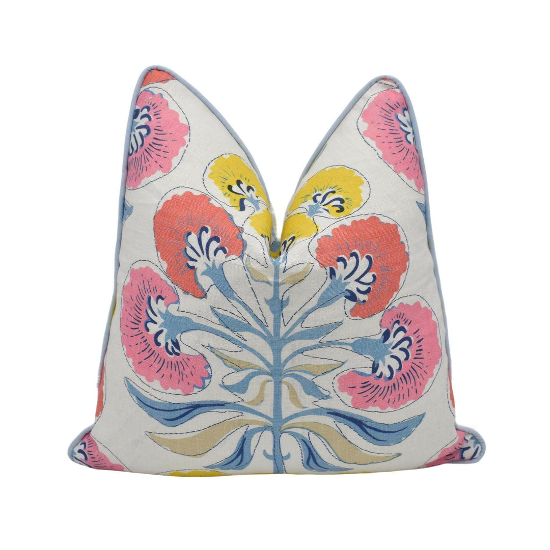 Thibaut - Tybee Tree - Coral and Yellow -  Whimsical Indian Block Print Floral Designer Cushion Cover - Luxury Throw Pillow - Handmade Home.