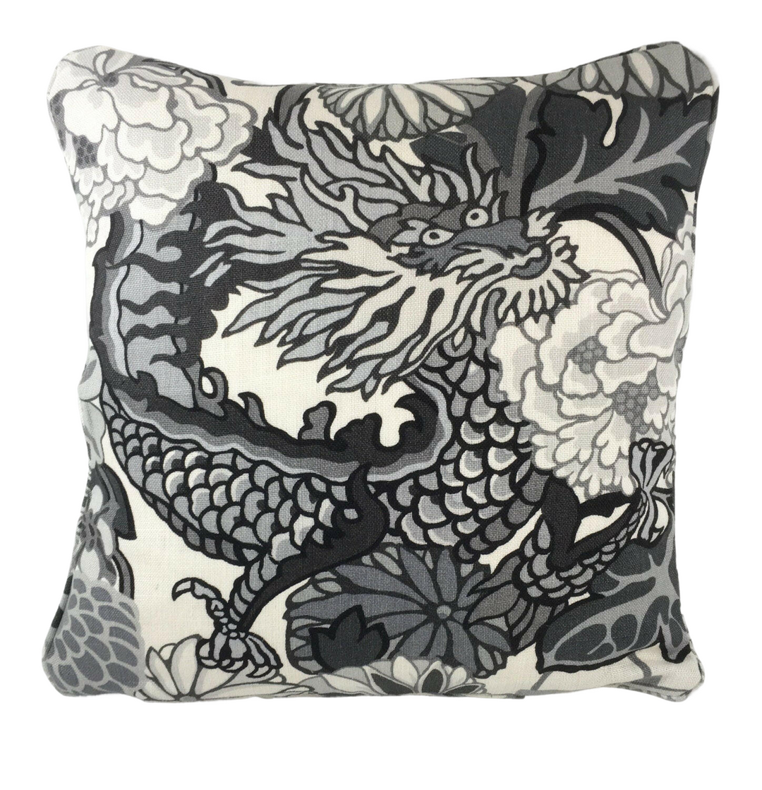 Schumacher - Chiang Mai Dragon - Smoke - Art Deco Chinoiserie Designer Cushion Cover - Handmade Throw Pillow Luxury Home Decor.