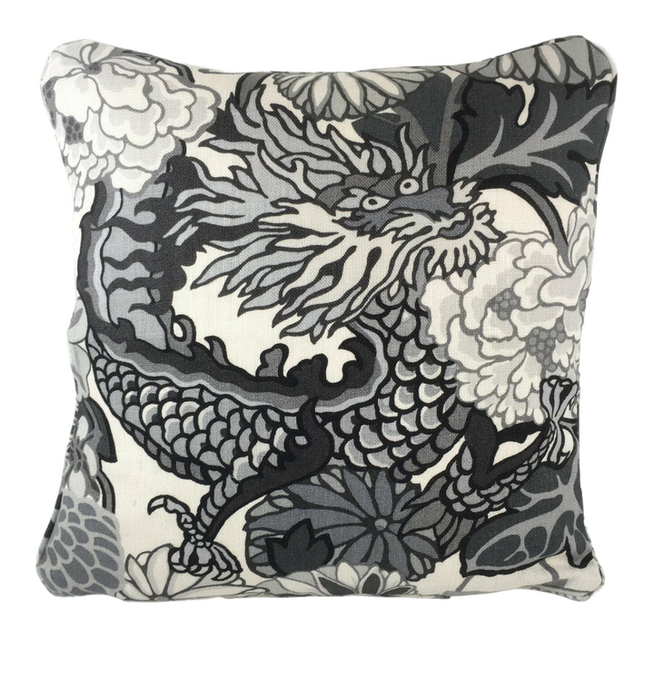Schumacher - Chiang Mai Dragon - Smoke - Art Deco Chinoiserie Designer Cushion Cover - Handmade Throw Pillow Luxury Home Decor.