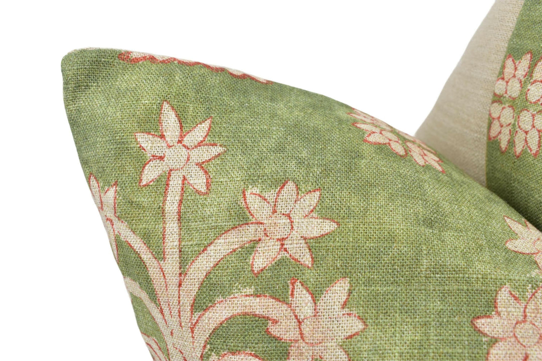 Susan Deliss - Artemis - Sage Green - Turkish Block Print Floral Designer Cushion Cover - Traditional Linen Pillow Cover - Green Cushion.