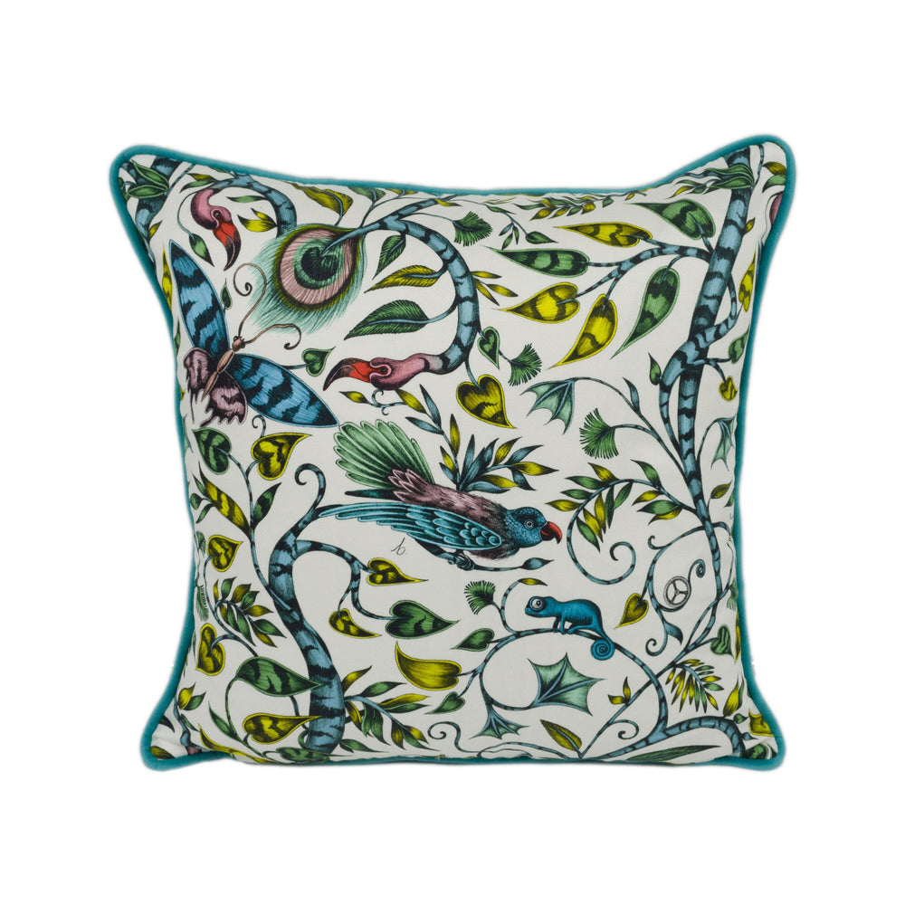Green & White Funky Maximalist Fantasy Tropical Birds - Bold Flora and Fauna Designer Cushion Cover - Luxury Throw Pillow - Handmade Home.