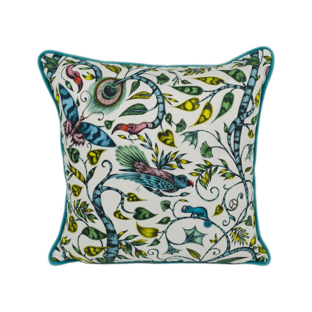 Green & White Funky Maximalist Fantasy Tropical Birds - Bold Flora and Fauna Designer Cushion Cover - Luxury Throw Pillow - Handmade Home.