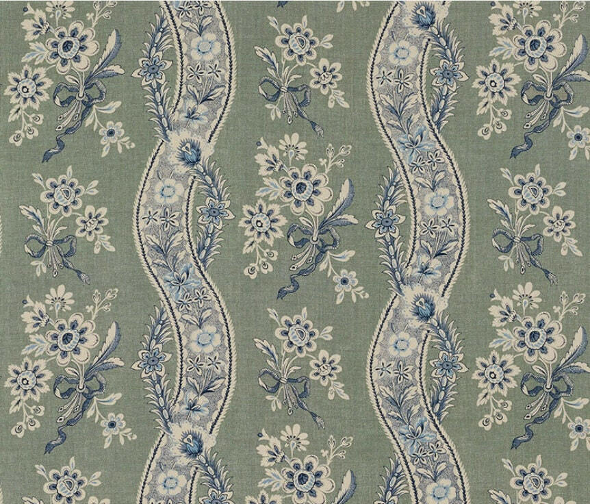 Schumacher - Le Castellet - Gris & Bleu - Provençal Motif Floral Ribbon - Designer Cushion Cover Handmade Throw Pillow - Luxury Home Decor.