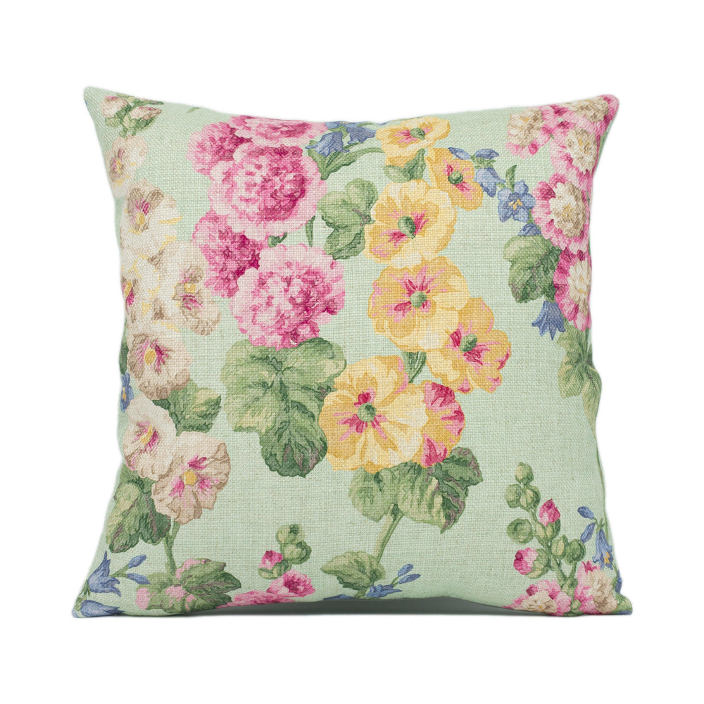 Sanderson - Hollyhocks - Mint / Pink - Vintage Feel Floral Cushion Cover - Handmade Throw Pillow - Designer Home Décor.