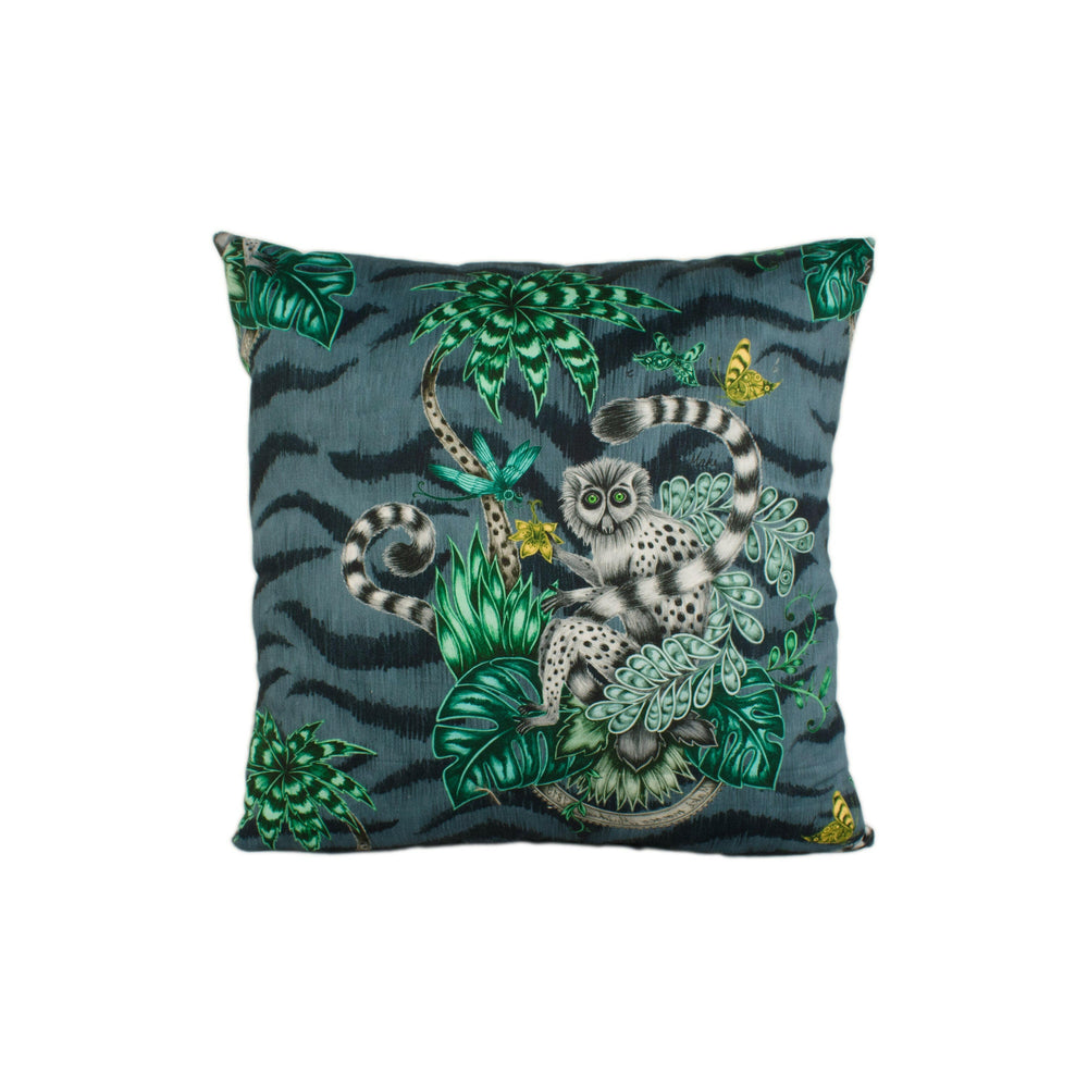 Grey Maximalist Tropical Lemur Designer Cushion Cover - Bold Flora and Fauna Luxury Throw Pillow - Handmade Home Decor - Funky Scatter.