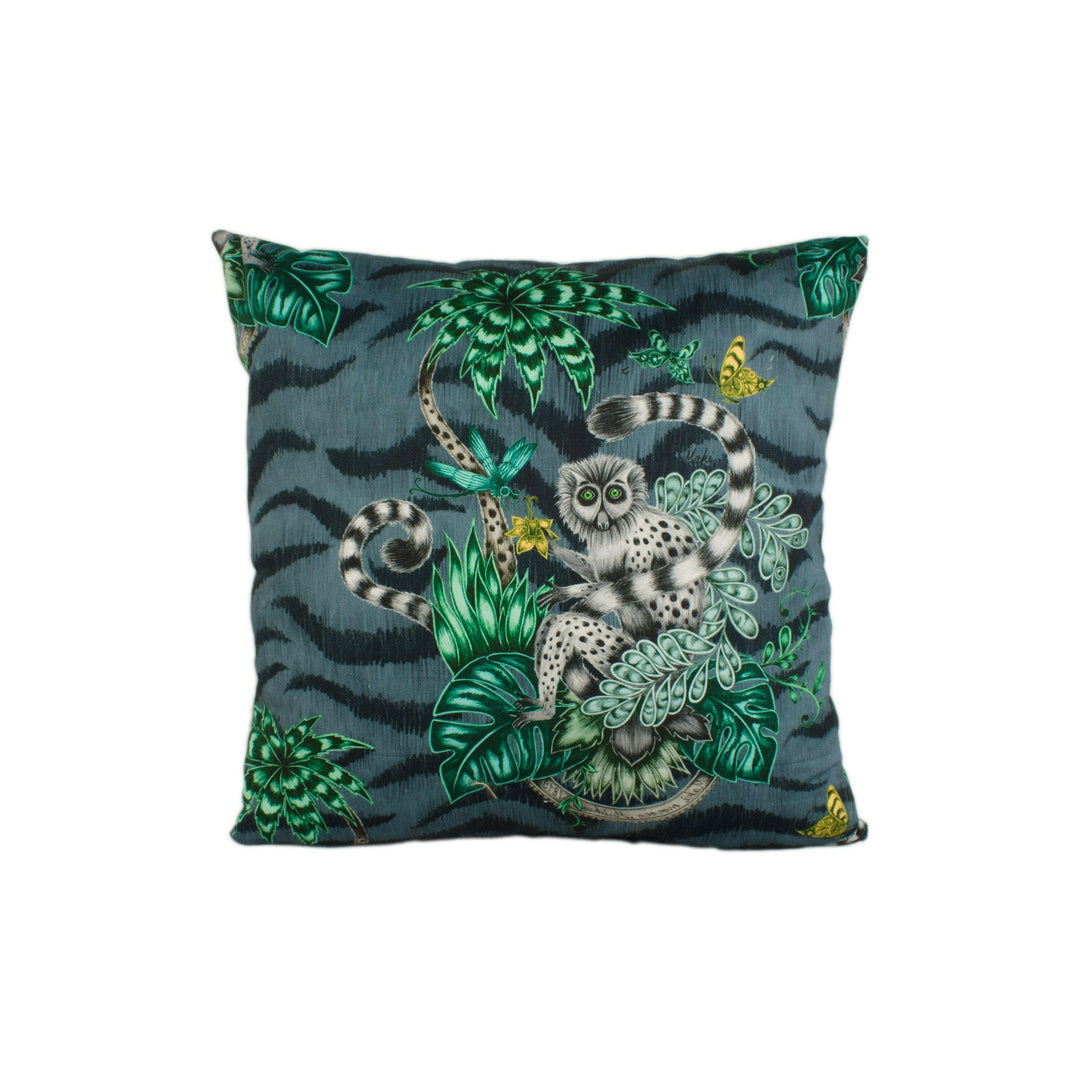 Grey Maximalist Tropical Lemur Designer Cushion Cover - Bold Flora and Fauna Luxury Throw Pillow - Handmade Home Decor - Funky Scatter.