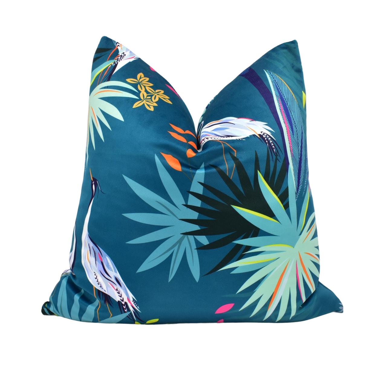 a blue pillow with a tropical print on it