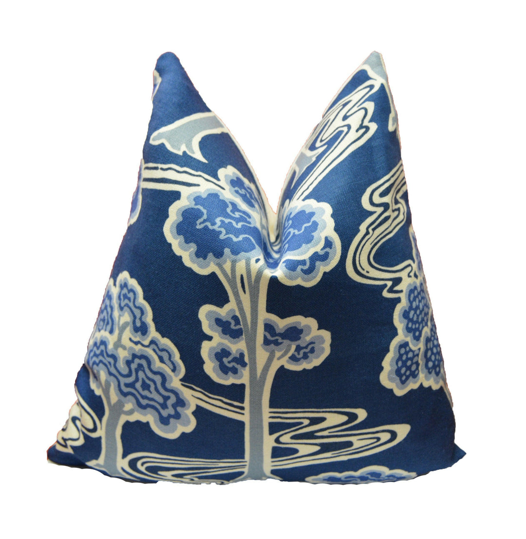 Schumacher - Tree River - Blue - Japanese Art Deco Designer Cushion Cover - Handmade Throw Pillow - Designer Home Decor.