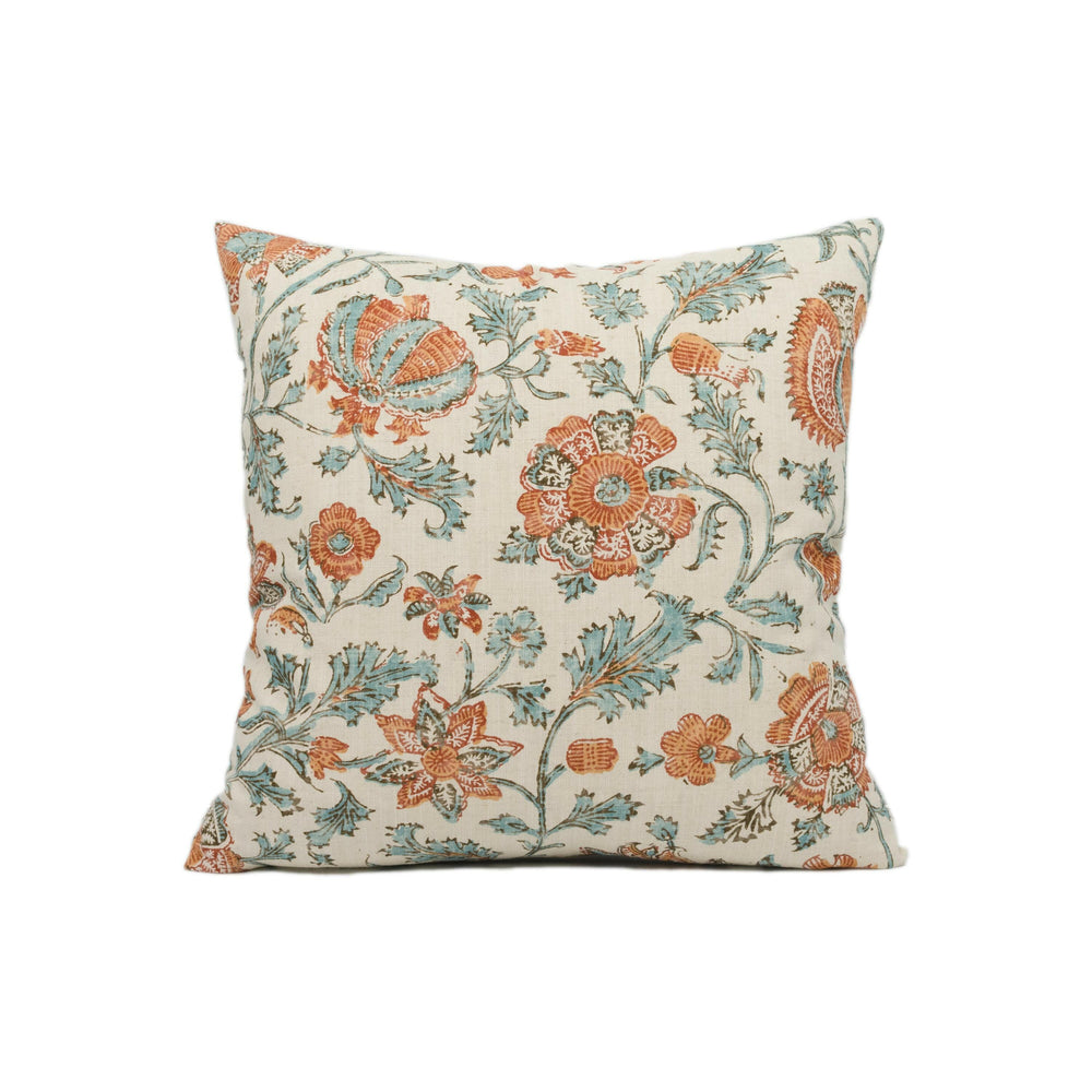 Lisa Fine Textiles - Zahra - Apricot / Teal - Pretty Classic Style Floral Cushion Cover - Handmade Throw Pillow - Designer Home Décor.