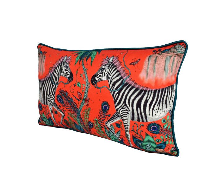 Funky Bold Red Maximalist Fantasy & Mythical Animal Contrast Piped Designer Cushion Cover - Luxury Throw Pillow - Handmade Home Lost World.