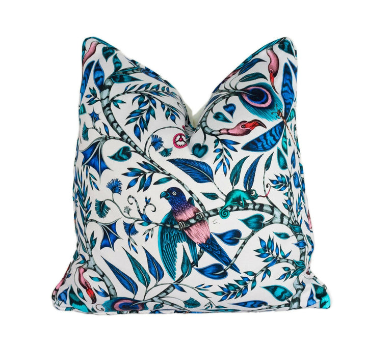 Blue & White Funky Maximalist Fantasy Tropical Birds - Bold Flora and Fauna Designer Cushion Cover - Luxury Throw Pillow - Handmade Home.
