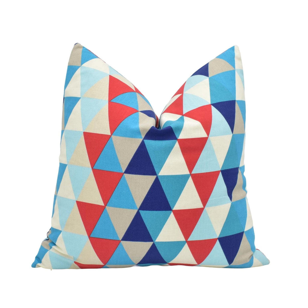 a blue, red, and white pillow with a triangle pattern