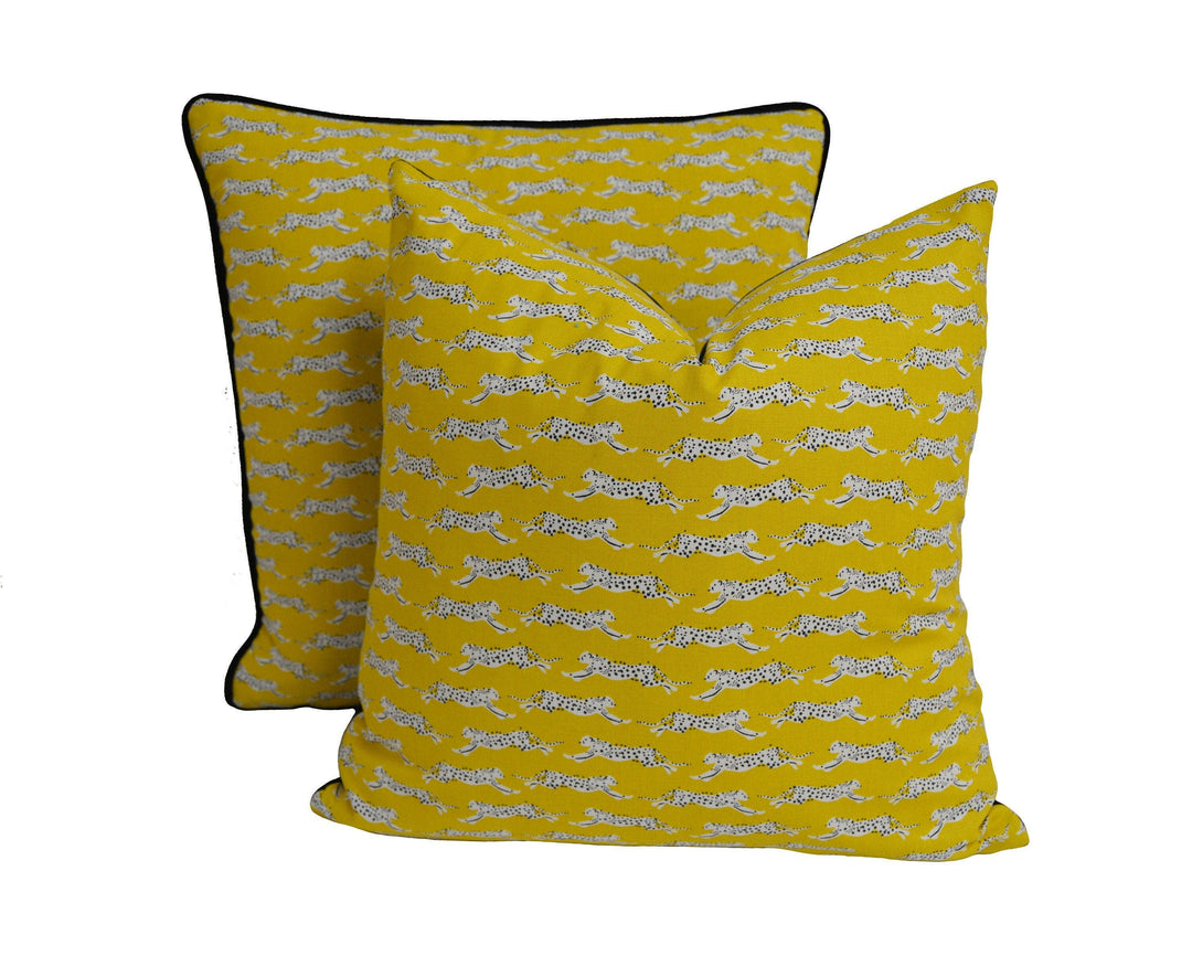 Schumacher - Leaping Leopards - Yellow - Sleek Chic Designer Leopard Cushion Cover - Handmade Throw Pillow - Luxury Home Decor.