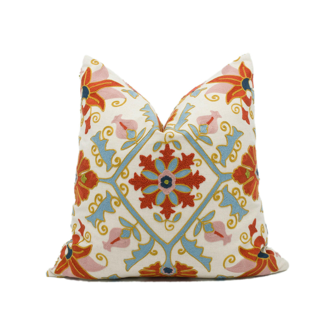 Colefax and Fowler - Pashley - Tomato / Aqua - Distinctive Traditional Indian Embroidered Designer Cushion Cover - Luxury Throw Pillow.