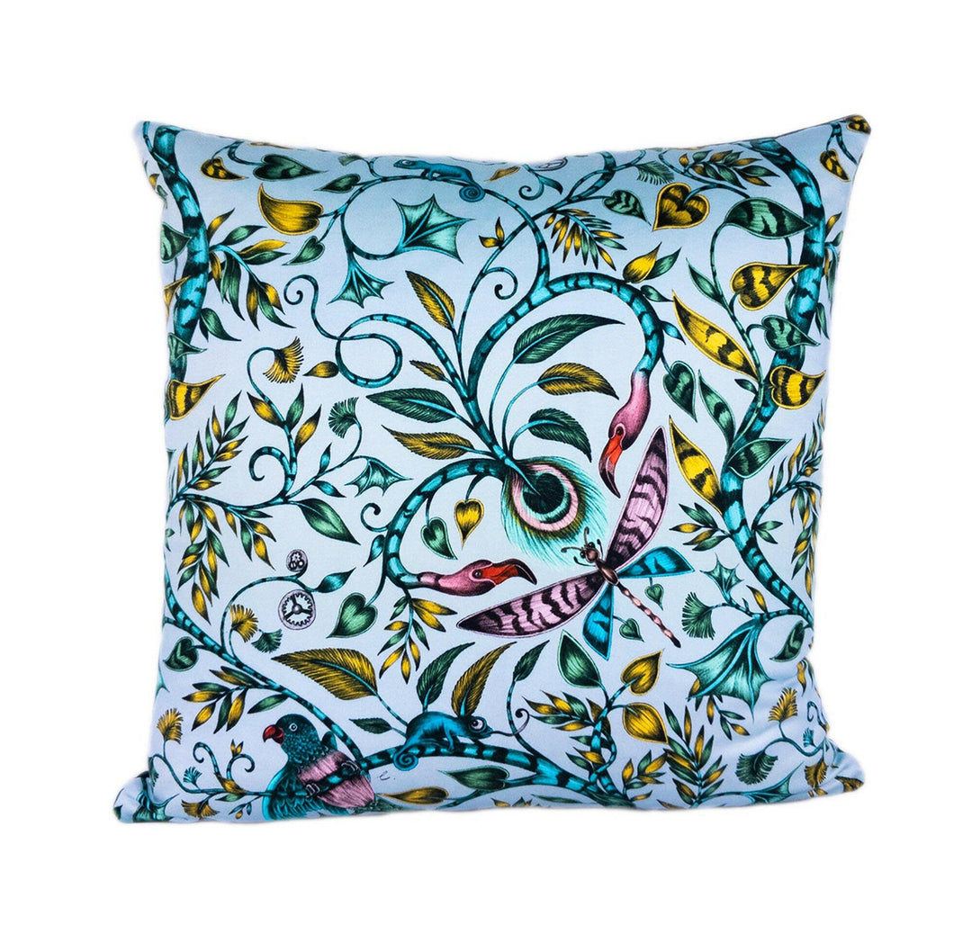 Blue Funky Maximalist Fantasy Tropical Birds - Bold Flora and Fauna Designer Cushion Cover - Luxury Throw Pillow - Handmade Home Decor.