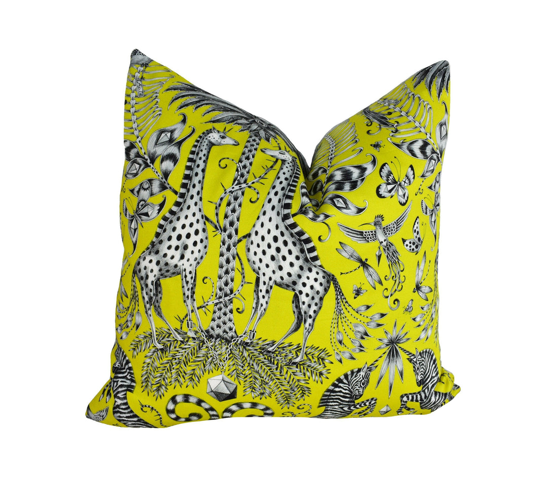 Lime Funky Maximalist Fantasy Giraffes and Zebras  - Bold Flora and Fauna Designer Cushion Cover - Luxury Throw Pillow - Handmade Home.
