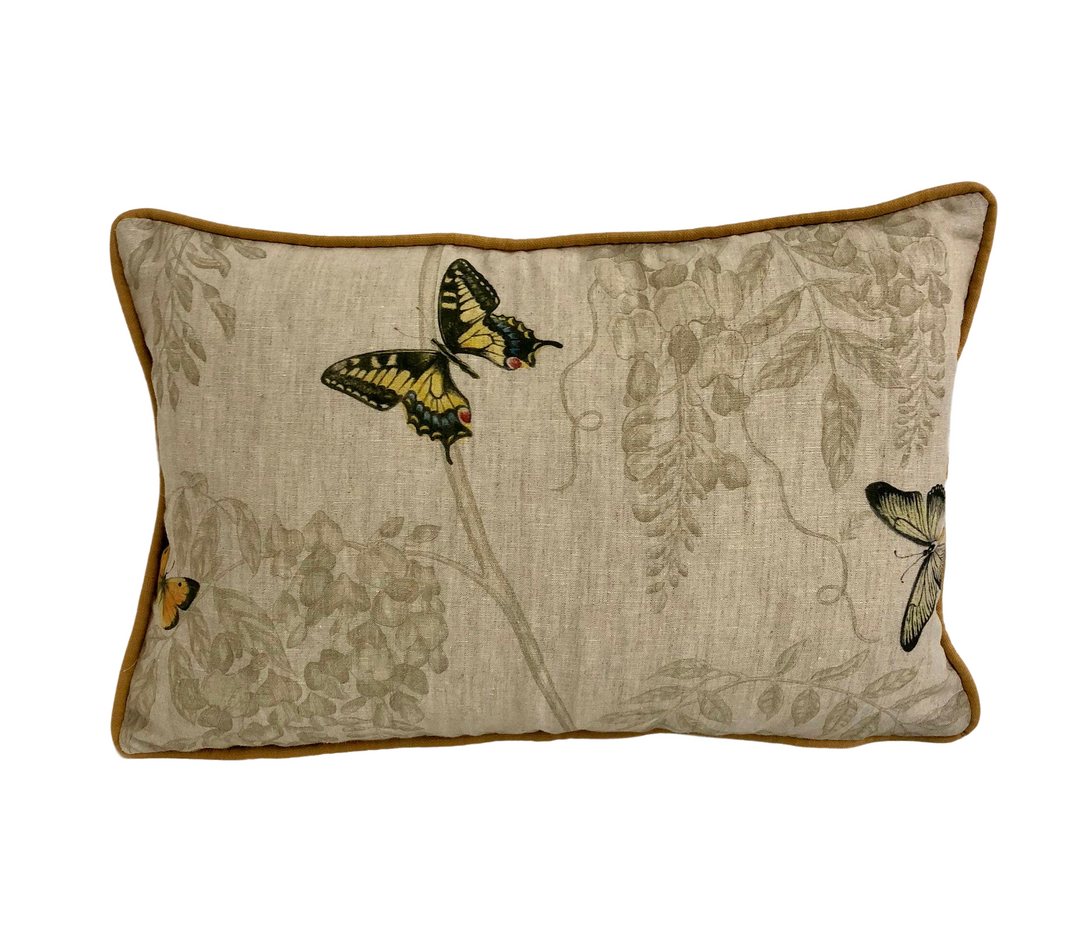 Sanderson - Wisteria & Butterfly - Linen / Citrus - Contrast Piped Cushion Cover Throw Pillow Designer Home Decor.