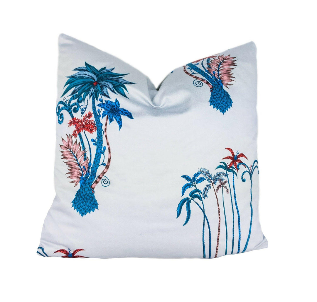 Blue & White Tropical Jungle Maximalist Designer Cushion Cover - Bold and Funky Flora and Fauna - Luxury Throw Pillow Handmade Home Decor.
