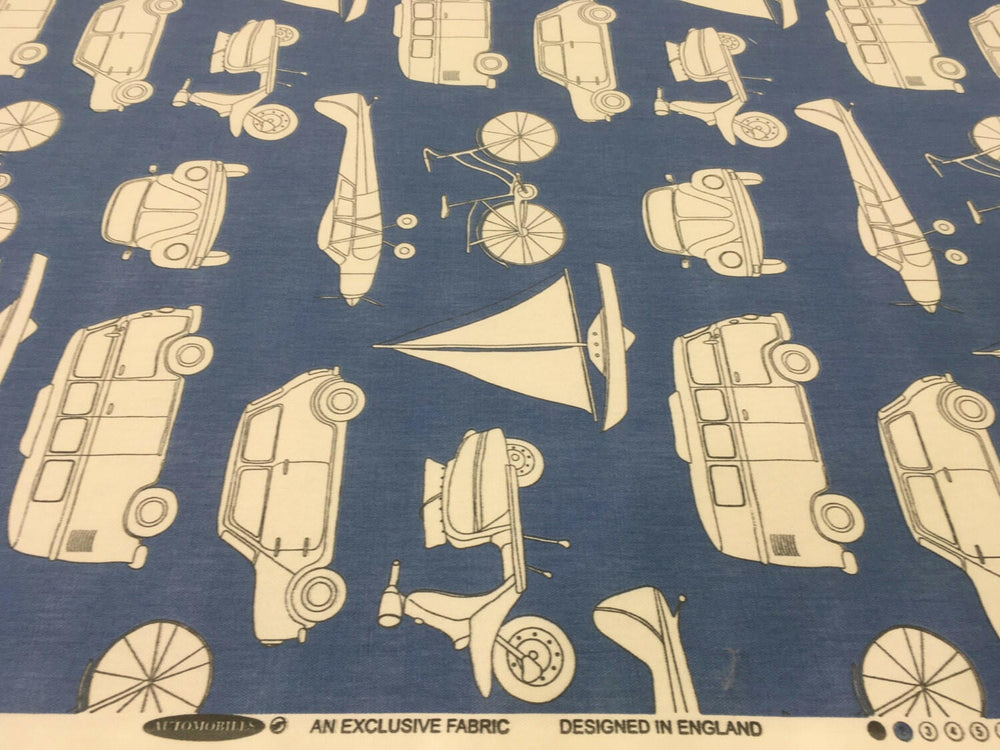 Fryetts 'Automobiles' Dark Blue Designer Fabric - Buy Per Metre.