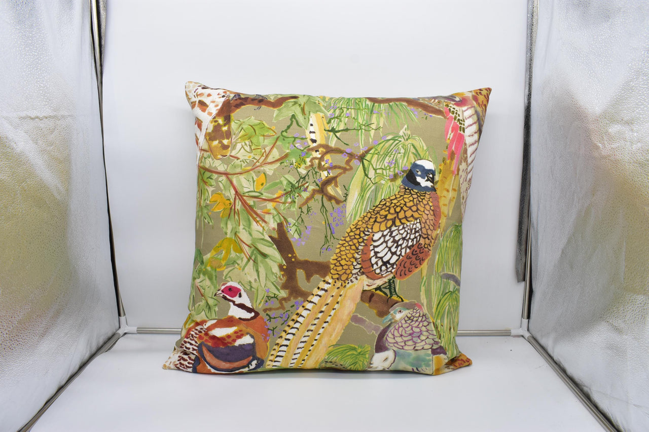 Mulberry - Game Birds Linen - Stone / Multi - Romantic Bohemian Cushion Cover - Luxury Designer Bird Throw Pillow - Neutral Pillow Cover