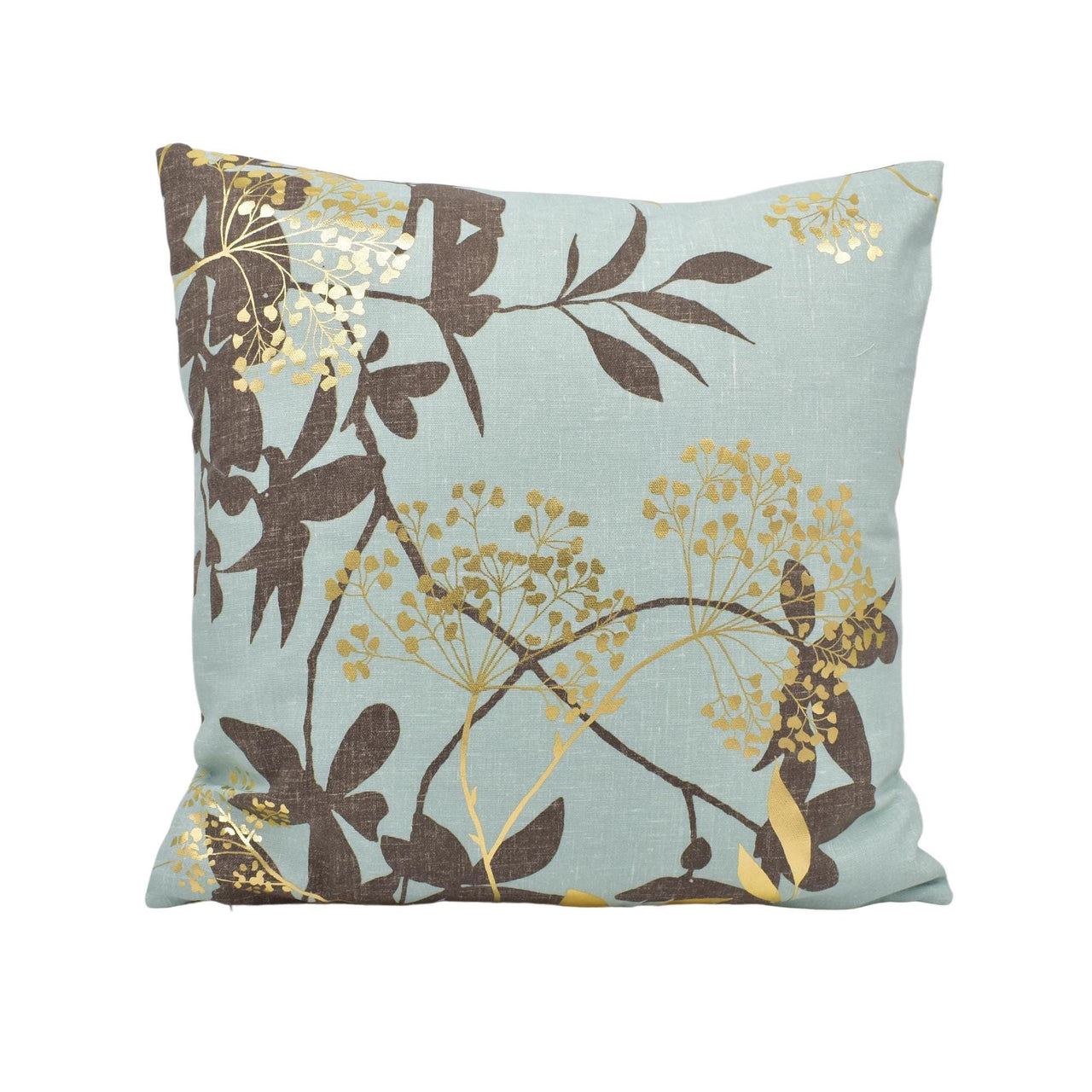 a blue pillow with a gold leaf design on it