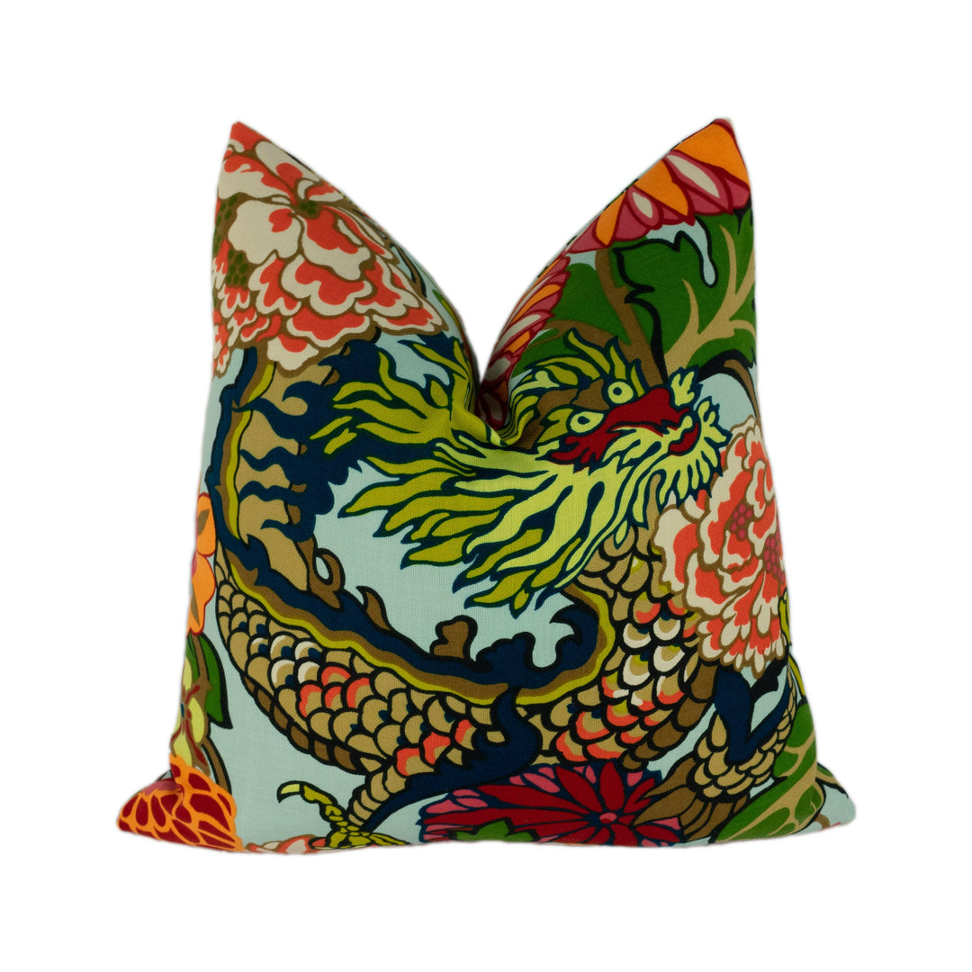 Schumacher - Chiang Mai Dragon - Aquamarine - Art Deco Chinoiserie Designer Cushion Cover - Handmade Throw Pillow Luxury Home Decor.