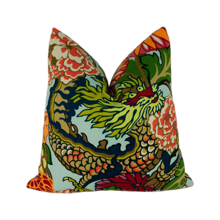 Schumacher - Chiang Mai Dragon - Aquamarine - Art Deco Chinoiserie Designer Cushion Cover - Handmade Throw Pillow Luxury Home Decor.