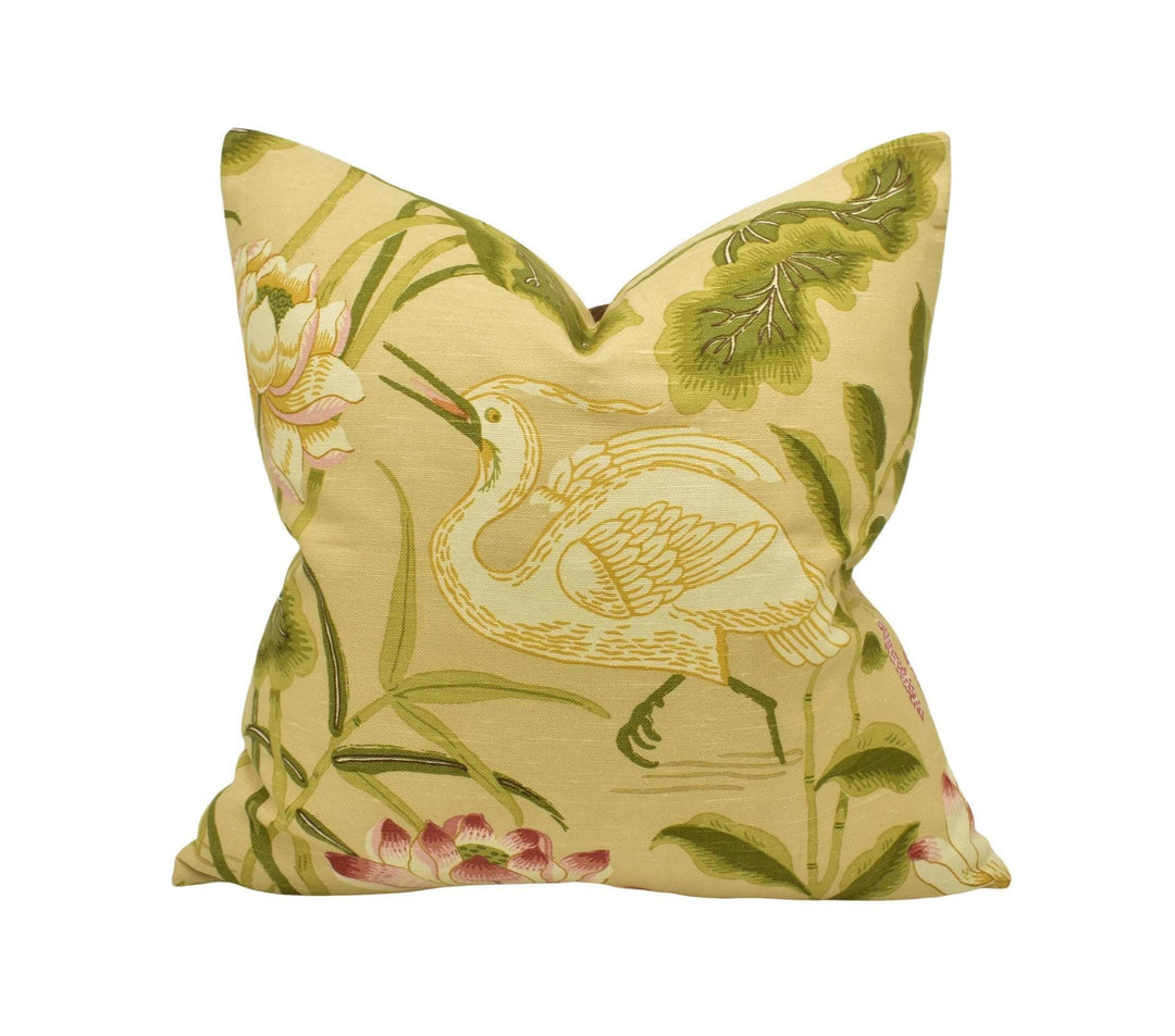 Schumacher - Lotus Garden - 1920's Japanese Designer Cushion Cover - Groovy Neutral Floral Pillow - Oriental Bird Pillow Floral Fauna Decor.