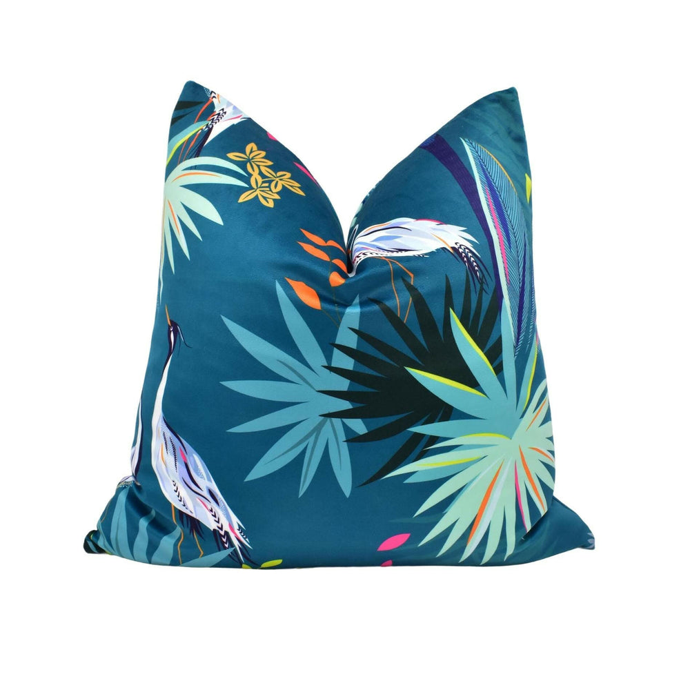 Teal Heron Velvet Designer Cushion Cover - Luxury Velvet Throw Pillow - Tropical Fantasy Maximalist Pillow Cover - Custom Handmade Pillow.