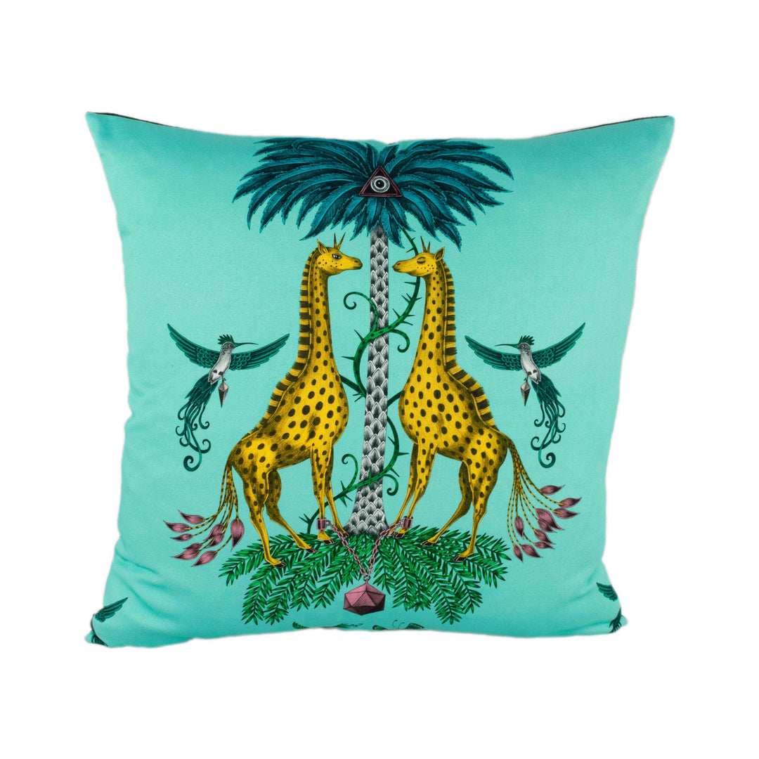 Turquoise Blue Funky Maximalist Fantasy Giraffes and Zebras  - Bold Flora and Fauna Designer Cushion Cover - Luxury Throw Pillow - Handmade.