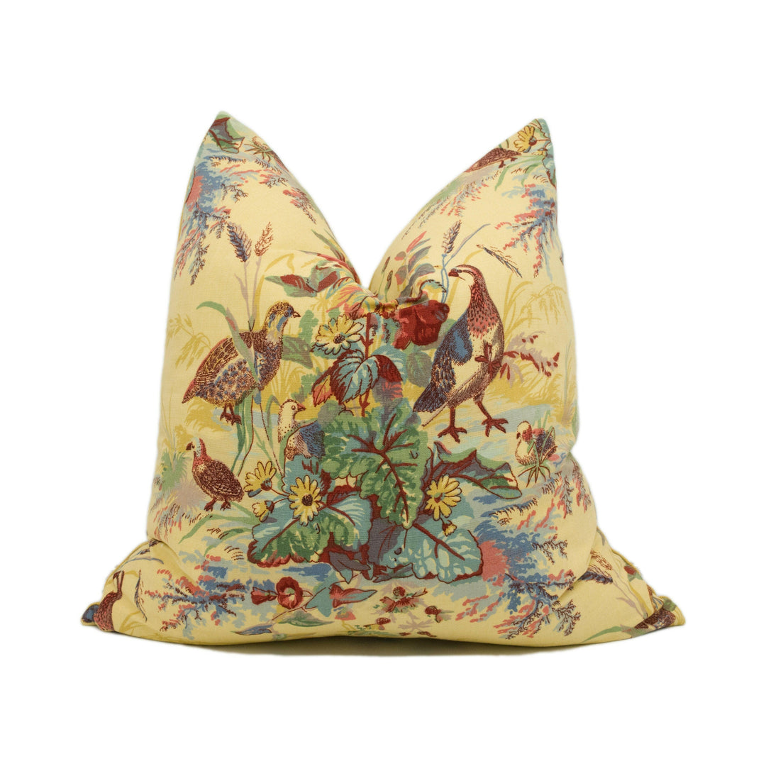 Schumacher - Quail Meadow - Spring - Traditional Hunting Quail Trio Floral - Designer Cushion Cover Luxury Throw Pillow Handmade Home Décor.